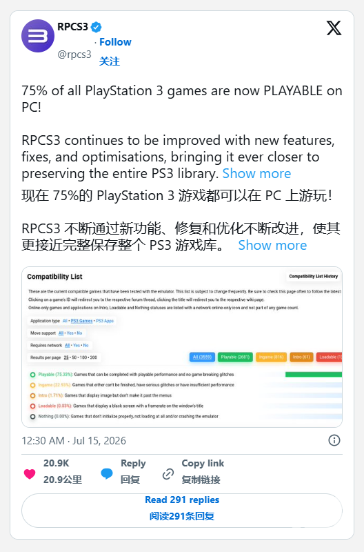 RPCS3 PS3模拟器现已支持大部分PS3游戏畅玩