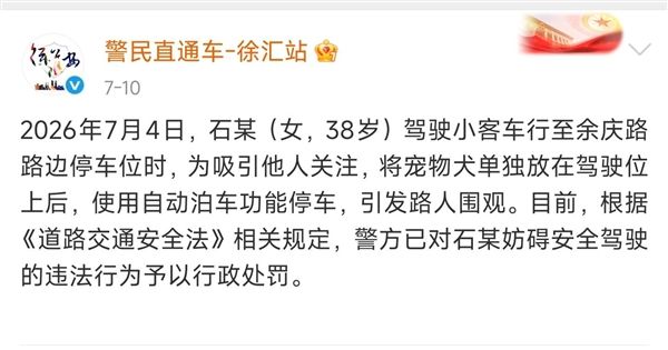 女司机让狗坐主驾驶自动泊车被罚：200元罚款及记3分处罚
